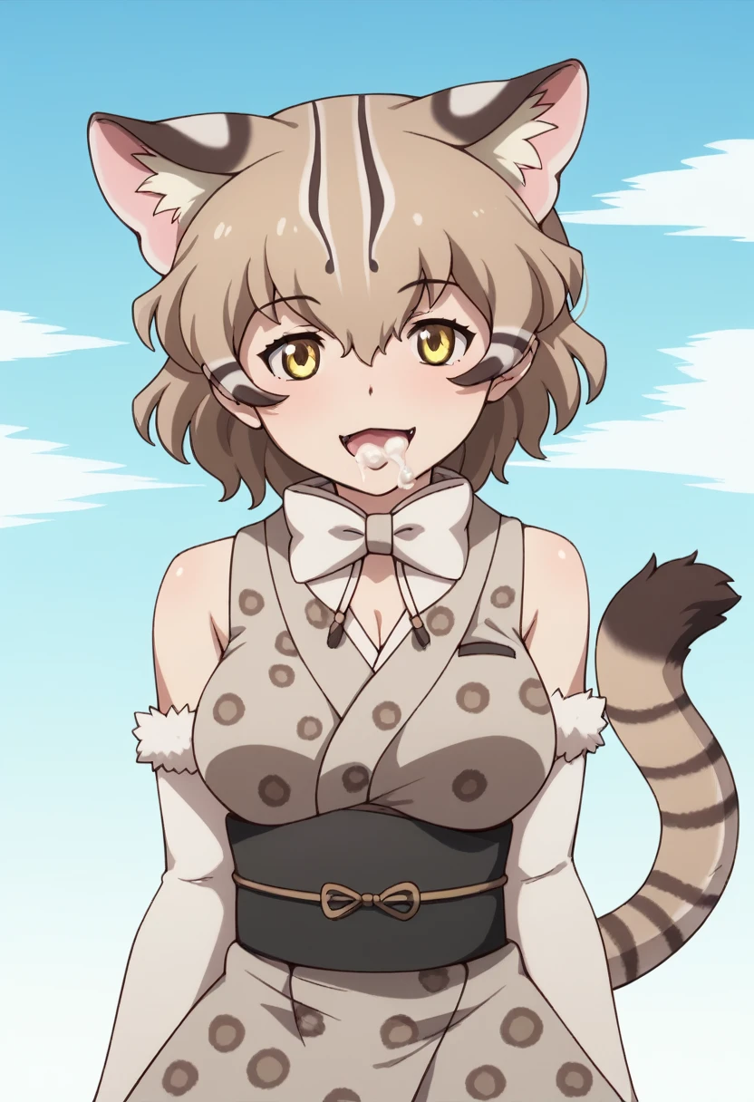 Score_9, Score_8_up, Score_7_up, Score_6_up, Score_5_up, Score_4_up, source_anime, anime style, 1girl,tsushima leopard cat \(kemono friends\), 1girl, cat ears, animal ear fluff, yellow eyes, multicolored hair, brown hair, short hair, cat tail, animal print, leopard print, print bowtie, print kimono, sleeveless, sash, print skirt, back bow, fur-trimmed gloves, print gloves, elbow gloves, fur-trimmed skirt, print legwear,anime coloring, aged down, cute, horny, excited, aroused, heavy breathing, topless, breasts, upperbody, close up, cum in mouth, tits