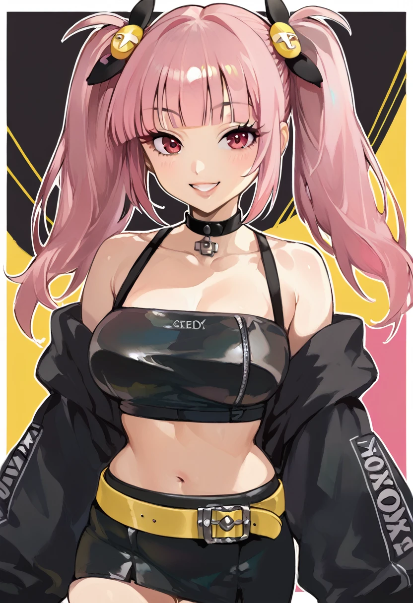 score_9, score_8_up, score_8, medium breasts, (curvy), cute, eyelashes,       BREAK, , zzCoral, pink hair, twintails, blunt bangs, hair ornament, belt, long sleeves, sleeves past fingers, black skirt, black choker, black crop top, bare shoulders, yellow belt, bandaid, midriff, collarbone, BREAK, smile, looking at viewer,  abstract background, white outline, cowboy shot, embedding:zPDXL, Expressiveh, 