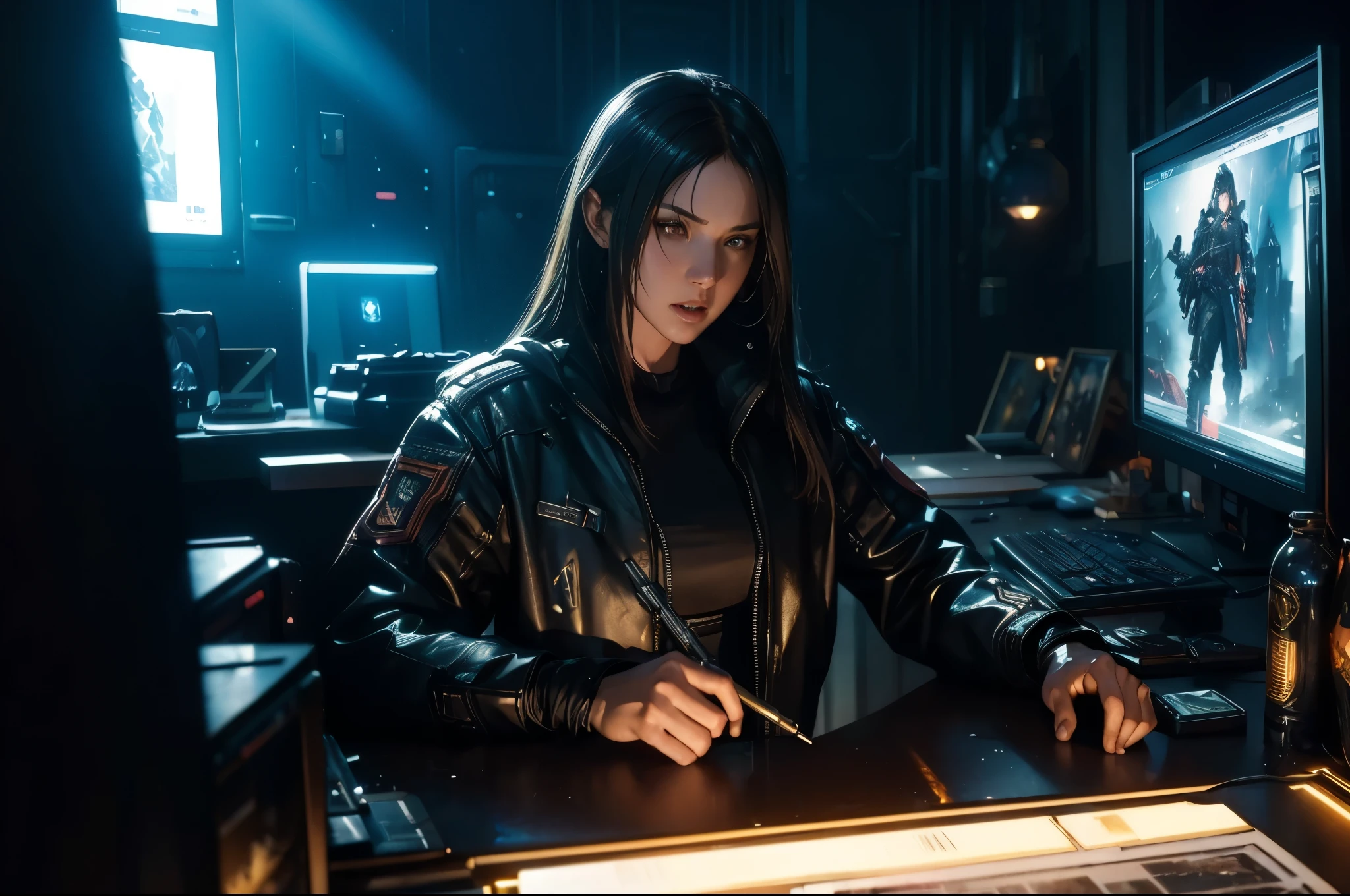 Cyberpunk Hacker Programmer 18 Year Old Guy With Glasses In The Background A Lot Of Manitors With Running Programs, Make your image pop
