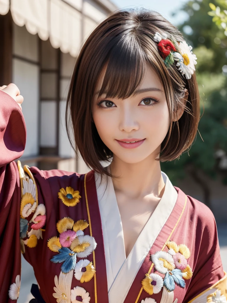 (masterpiece, best quality:1.1), (8k, raw photo, photo realistic:1.2, f22), (shiny skin), detailed skin, Medium Bob,detailed face, detailed eyes, smile,BREAK, real world, intricate details, smil, BREAK, 1girl, (kimono), BREAK, (Mt.Fuji:1.4), BREAK