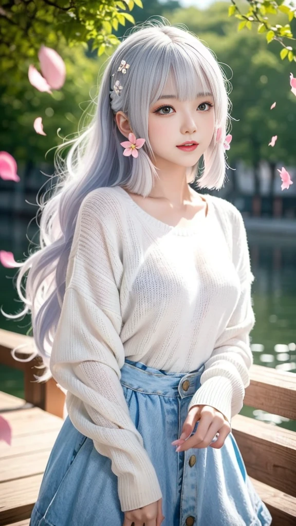 1girl walking on the river, sweater, Pillow Head, Mouth唇, Open_Mouth, Practical, photo_\(mediation\), Solitary, (masterpiece),(Honesty:1.3),Extremely detailed,（Highly refined skin：1.2），（Best quality：1.0），（Ultra-high resolution：1.0），（ulzzang-6500：0.3），Wavy detailed hair，White hair，Sunlight，（Beautiful and delicate makeup），（sexual arousal blush，trouble breathing：1.0 ), Flower theme petals scattered, (Soft light blooms:0.5)，Huge 