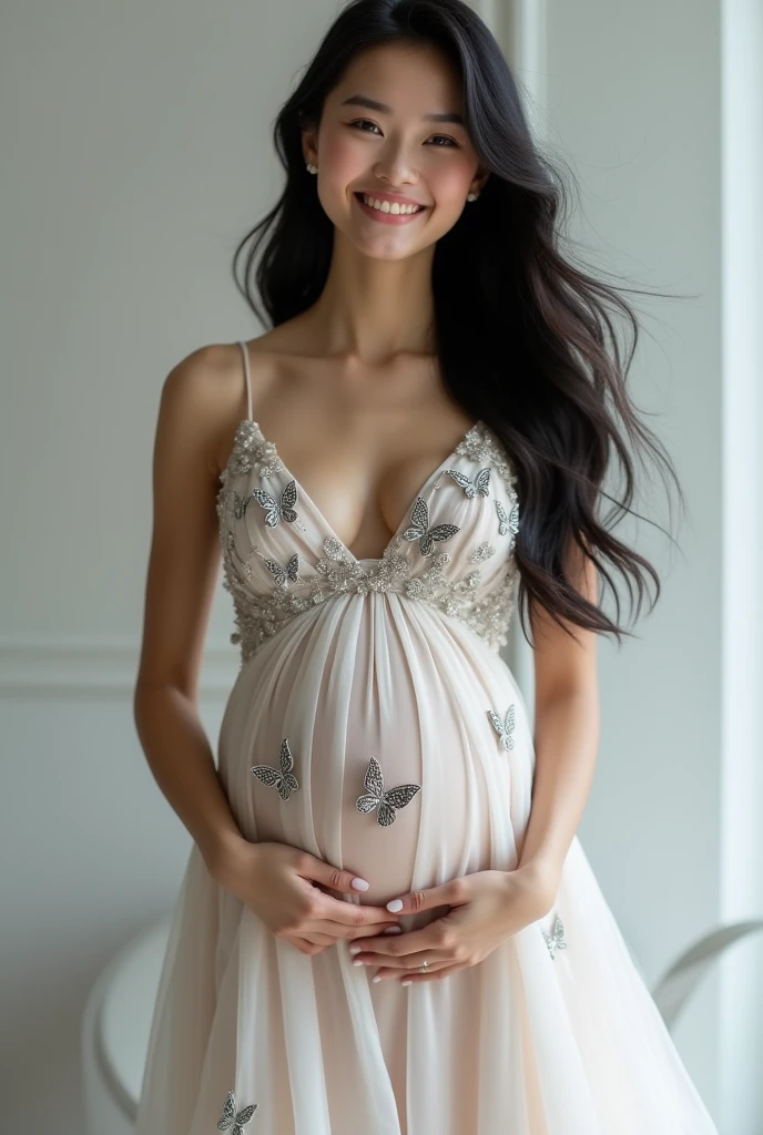 Magnificent detail, 8K Photos, hyper- realism, realistic background, visual depth, wide angle lens, professional light, {The scene shows a beautiful brunette woman with white skin wearing the dress stained with breast milk., empty of her breasts.}. {The woman wears a white dress with transparency, that accentuates the large volume of her large breasts, full, natural and soft.}. She looks at a baby crib with a charming smile. The scene is a room . adult content.