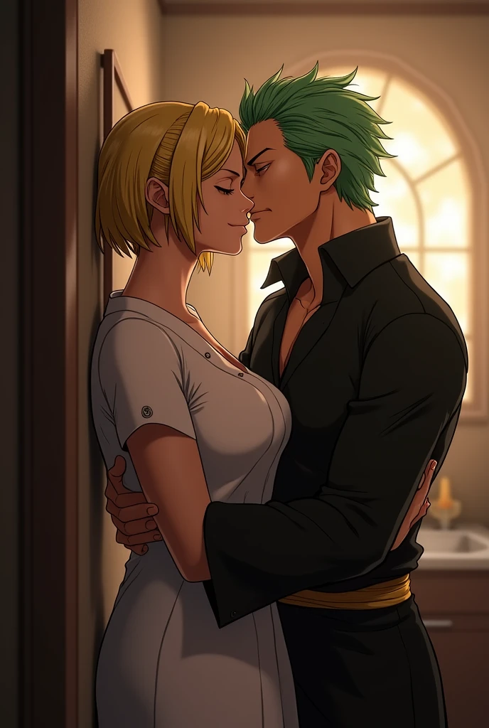 Male. green eyes. Big pecs. Tousled short light yellow hair. Masculine frontal posture. Confident expression. Strong jawline. Wears a tight sweater and baggy pants with rich abstract patterns. Hugging a woman from the side. Standing upright on middle of a palace.