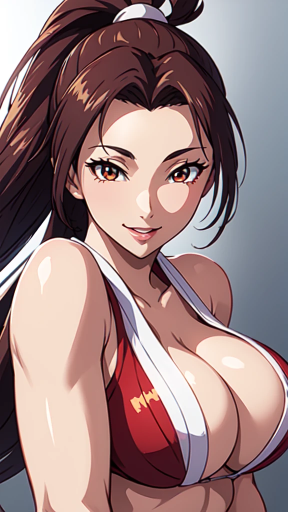 ((Mai Shiranui,ponytail:1.3)),upper body, Looking at the audience,Slim and sexy figure, the best quality, (8k), (4K),(masterpiece), (the best quality), Extremely detailed, Game CG, Ultra Detailed, illustration, Beautiful Body,Beautiful nose,fair character design, Perfect Eye, Perfect Face , 1 girl, 30 years,Fair Finger,Fair body, Fair Nose,Fair character design, perfect Eye, perfect Face,expressive Eye,Perfect balance,(Focus on her Face),(Light_Smile:0.3), official art,Extremely detailed CG Unity 8K wallpaper, Perfect lighting,rich and colourful, bright_front_Face_Lighting,White skin, (masterpiece:1.0),(the best_quality:1.0), Ultra-high resolution,4K,Ultra Detailed, photography, 8k, HDR, high resolution, Kodak Portrait 400, Film Grain, Blurred background, bokeh:1.2,Professional photographer, (Fair,Big goals_Chest:1.4), underwear,lace, underwear, lingerie、(((smile,pretty face:1.3)))