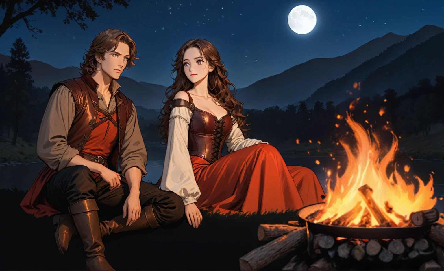 masterpiece, best quality, perfect face, expressive eyes, campfire, night scene, two people, sitting looking at the fire, medieval fantasy renaissance. woman on the left wearing red dress with a leather corset and long open shoulder sleeves, she have black wavy hair and brown eyes. man on the right wearing grey shirt with a leather vest, black pants and boots, he have long wavy brown hair and brown eyes. campfire in front, dark silhouettes of trees, mountains and a river flowing in the background, deep blue sky replete of starts and a full moon, soft natural lighting from the fire, warm and cozy atmosphere, low angle, balanced exposure