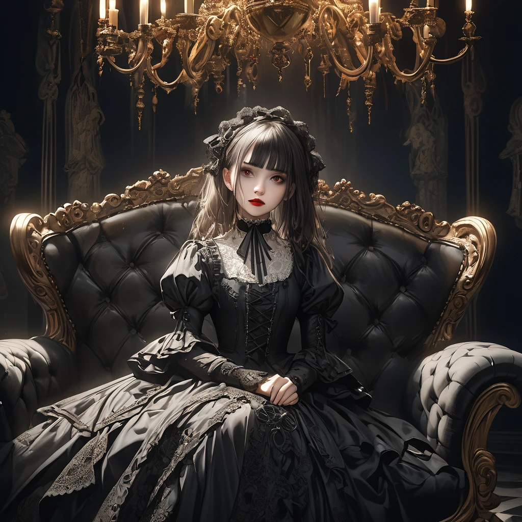 a beautiful gothic ****ta girl, 1girl, sitting alone on a black sofa, wearing a detailed black dress with white lace, surreal, high resolution, extremely detailed, most detailed, red lips, baroque, intricate, cinematic lighting, dramatic composition, rich textures, vivid colors, photorealistic, "goth girls" style