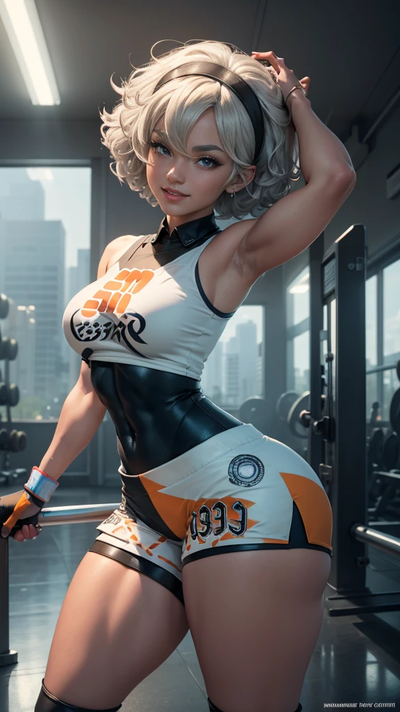 Bea da pokemon,(best qualityer,4K,8k,high resolution,work of art:1.2)(weather: windy), gym background, short curly hair, gray hair, cropped shirt, micro shorts, thigh high stockings, headband, gloves, leotard, ultra detailed,realistic,beautiful detailed gray eyes, beautiful detailed lips,extremely detailed eye and face, long eyelashes,average,large breasts,flying hair,beaming smile, cute smile,powerful girl, sexy pose, bright coloured, dramatic lighting, wet body, view from behind,