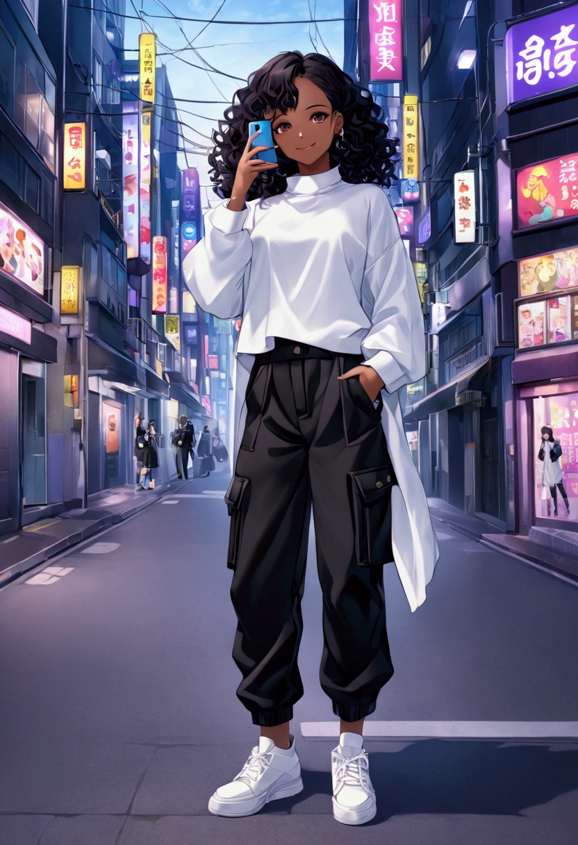 (best qualityer), (background of a city, as if she were in downtown Tokyo at night), (detailded), 1 girl, with dark skin (black), long black curly hair, the purple iris, height 155 cm, black coat in a slightly futuristic style, but minimalist but beautiful. The coat is open, with purple details, bottom has a white top, a short black skirt, a black high-top boot, stylish. she is taking a picture with a fan, 1 boy with medium silver hair, height 190 cm, o rapaz usa uma roupa stylish, cargo pants/ jogger preta, a white shirt, a pair of white sneakers, the iris of the boy&#39;s eyes is white, Ele tem pele clara, he is smiling looking up and down, giving an angle that makes him look superior, he has a smug smile, in the corners of the lips, giving a half smile. He has his hands in his pants pockets, while the girl is holding the cell phone and smiling at the camera, she makes a peace and love sign with her hands.