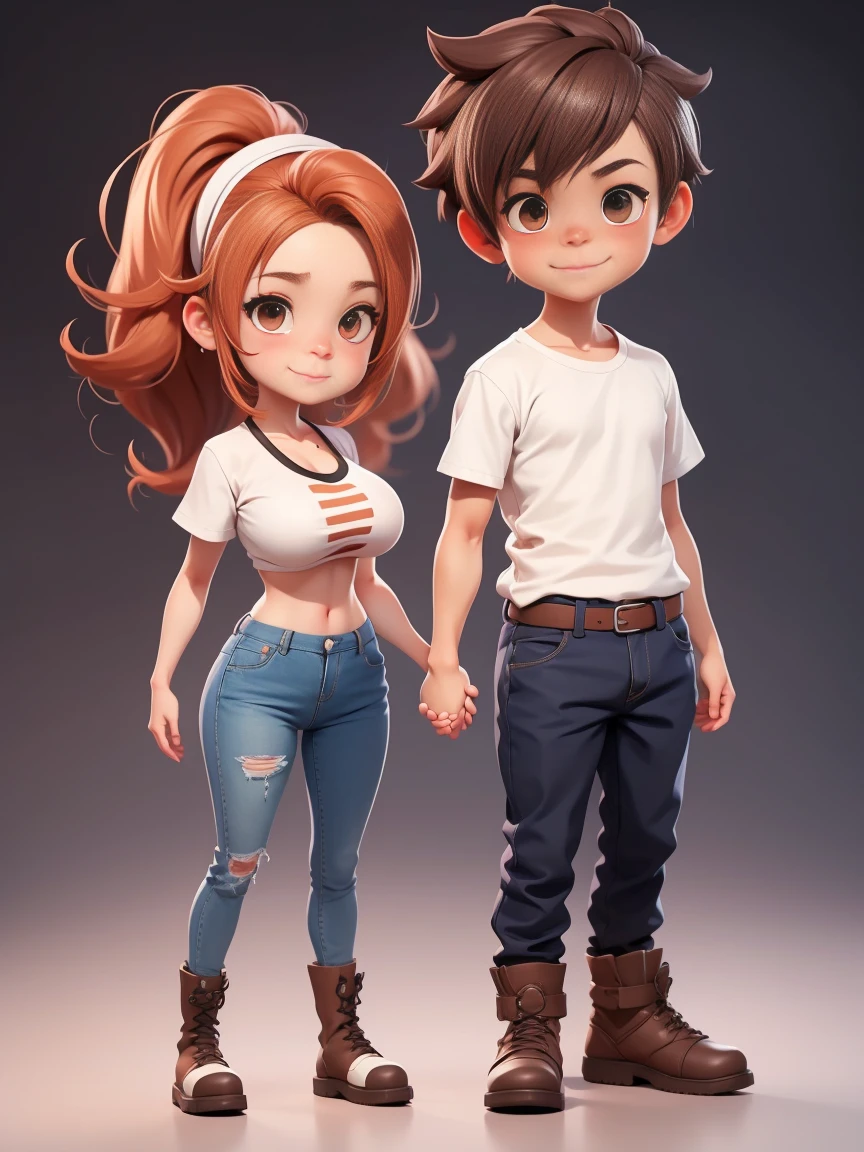 2 happy people(1 guy and 1 girl), holding hands, brother and sister, Amemos, friendship, plumpness, eyes browns, very disheveled and disheveled brown hair, white shirt and jeans, lacing boots, smile at each other; all-body, realisic skin, realisticeyes, Same height, moderno, high-quality textures, very detailled, Anatomical Realism of the Hands, Fantastic cute, funny, IP design, Clean 3D rendering of glowing backgrounds, OC rendering, 8k, softfocus, Ultra-thin shiny detail --Air 3:6 50 --q 2 --niji 5 --expressive style --s  big boobs