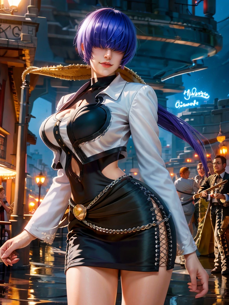 (at night), alone, in a video game scene, a background of a beautiful city during the day raining, standing at attention, purple hair with bangs covering his eyes completely, he wears a beautiful black Mexican mariachi costume with gold details and dress long ((bangs covering eyes)), 1 girl, alone, 20 years old, woman young, perfect and beautiful hands with perfect fingers, beautiful long legs, perfect legs, beautiful body, beautiful nose, beautiful character design, perfect face, looks at viewer (focusing on entire character), closed mouth, Light_Smile, official art, extremely detailed 8k CG wallpaper unit, perfect lighting, bright and colorful front lighting, glowing skin (masterpiece: 1.0), (best quality: 1.0), ultra high resolution, 4K, ultra detailed photography, 8K, HDR, high resolution, nonsense: 1.2, Kodak portra 400, film grain, background blur, bokeh: 1.2, lens flare, (vibrant_color: 1.2) , professional photography, (beautiful_face: 1.5), (narrow waist), Masterpiece, Best quality, Depth of field,
