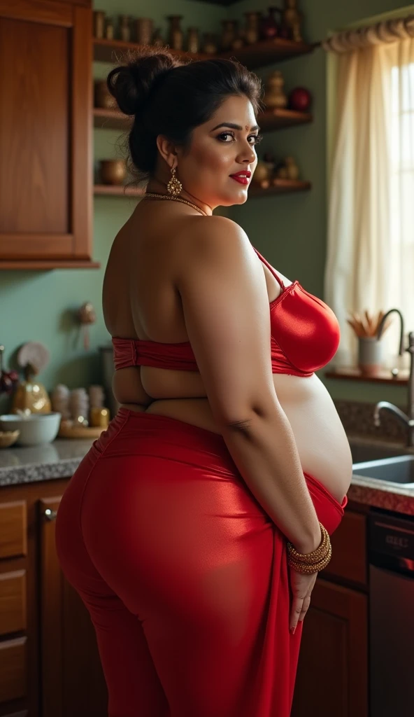 Big ass and big boobs Desi lady hot and curvy working in kitchen