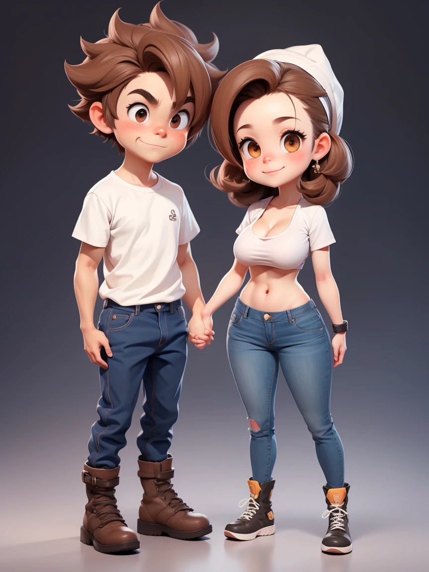 2 happy people(1 guy and 1 girl), holding hands, brother and sister, Amemos, friendship, plumpness, eyes browns, very disheveled and disheveled brown hair, white shirt and jeans, lacing boots, smile at each other; all-body, realisic skin, realisticeyes, Same height, moderno, high-quality textures, very detailled, Anatomical Realism of the Hands, Fantastic cute, funny, IP design, Clean 3D rendering of glowing backgrounds, OC rendering, 8k, softfocus, Ultra-thin shiny detail --Air 3:6 50 --q 2 --niji 5 --expressive style --s  big boobs sex  suck man dick