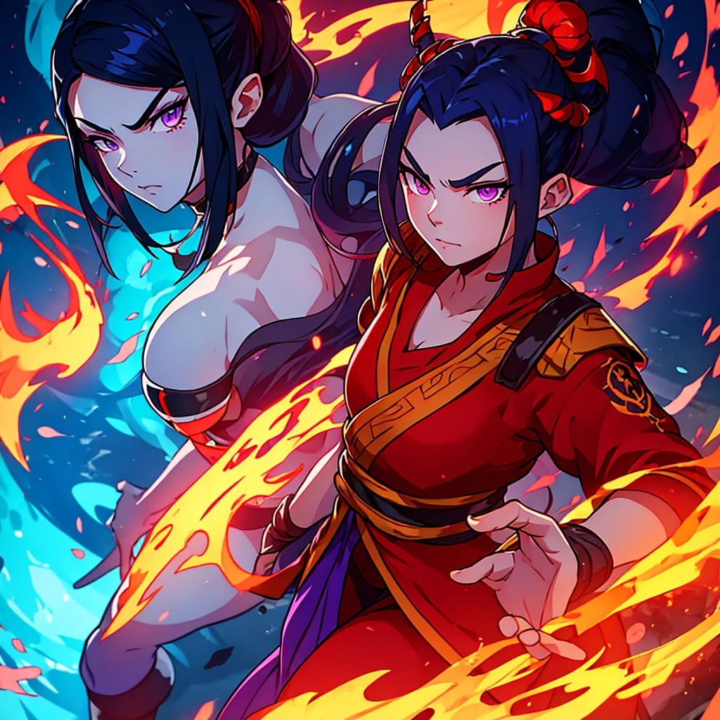 1girl, dark blue hair tied up in fire nation pin, purple eyes, wearing Avatar Fire Nation outfit. Barefoot. best quality, looking at viewer, perfect face, standing with pillard in the background, intricate detail, masterpiece, perfect muscular body