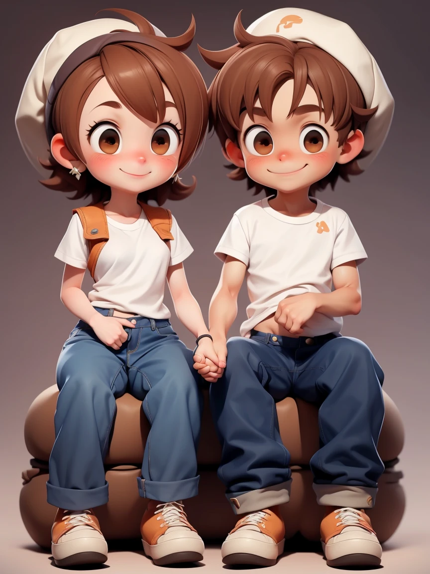 2 happy people(1 guy and 1 girl), holding hands, brother and sister, Amemos, friendship, plumpness, eyes browns, very disheveled and disheveled brown hair, white shirt and jeans, lacing boots, smile at each other; all-body,. (( sister open brother's pants show his penis}}