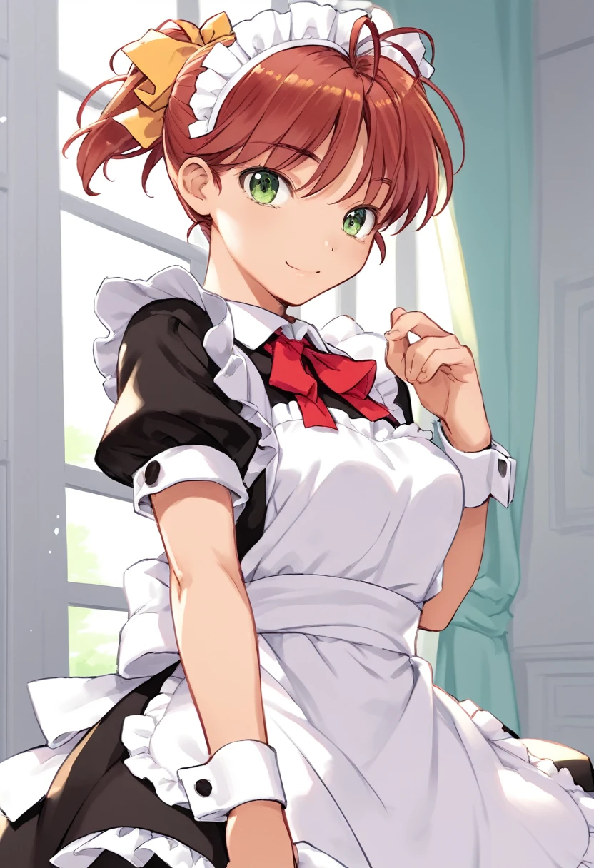 masterpiece,High resolution,Highest quality,8k(Detective Conan,ai haibara) (7-****-*** girl,,Flat Chest,Short,Red Hair,short hair) ((Maid clothes))On all fours,From below,smile,peeing