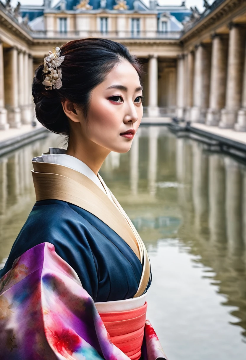 A straight-on shot of a beautiful Japanese woman at the Palace of Versailles. The watercolor style emphasizes strong color bleeding, smooth gradients, strong blurring, and soft edges. The image has a hand-painted feel with flowing colors and layered textures, capturing her elegance and grace within the grandeur of the palace setting.