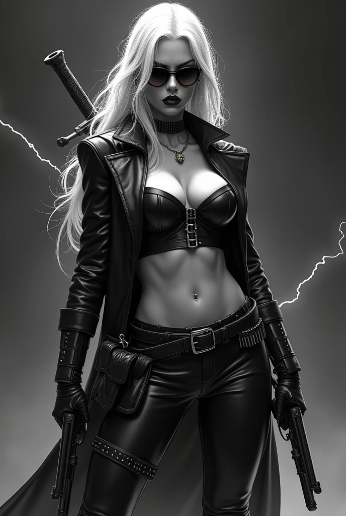 A detailed, highly realistic horror scene with a beautiful female protagonist with white hair, ivory skin, holding a katana with gold flames, wearing street clothes in a strong, dramatic pose, (best quality,4k,8k,highres,masterpiece:1.2),ultra-detailed,(realistic,photorealistic,photo-realistic:1.37),female protagonist,white hair,ivory skin,katana with gold flames,street clothes,jeans,leather jacket,wearing intricate hourglass necklace, fighter pose,dramatic,horror,cinematic lighting,moody,dark atmosphere, no nudity