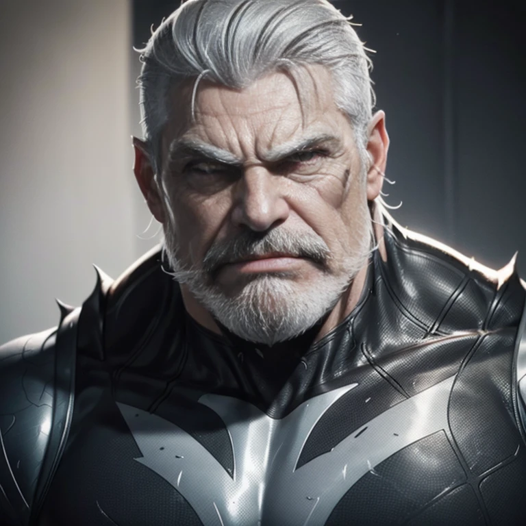 a muscular man, Quiff hairstyle, gray hair, gray mustache, gray beard, venom symbiote, large white spider logo on symbiote, handsome face, detailed eyes, nose and lips, mouth wide open, detailed teeth, detailed vampiric fangs, 8k, high quality, photorealistic, dramatic lighting, cinematic
