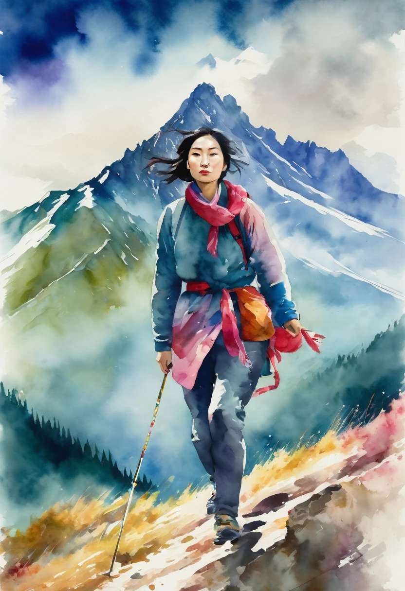 A straight-on shot of a beautiful Japanese woman climbing in the Alps. The watercolor style emphasizes strong color bleeding, intense gradients, strong blurring, and soft edges. The image has a hand-painted feel with flowing colors and layered textures, capturing her strength and elegance amidst the mountainous landscape.
