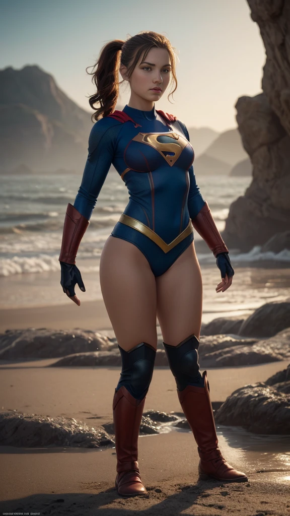 (The best quality),(masterpiece),(ultra detailed),(4k-resolution),(extremely detailed) supergirl in bikini, sexy mini costume, no suit, lying, trends on Artstation, Digital paint, Concept art portrait of the character, scary