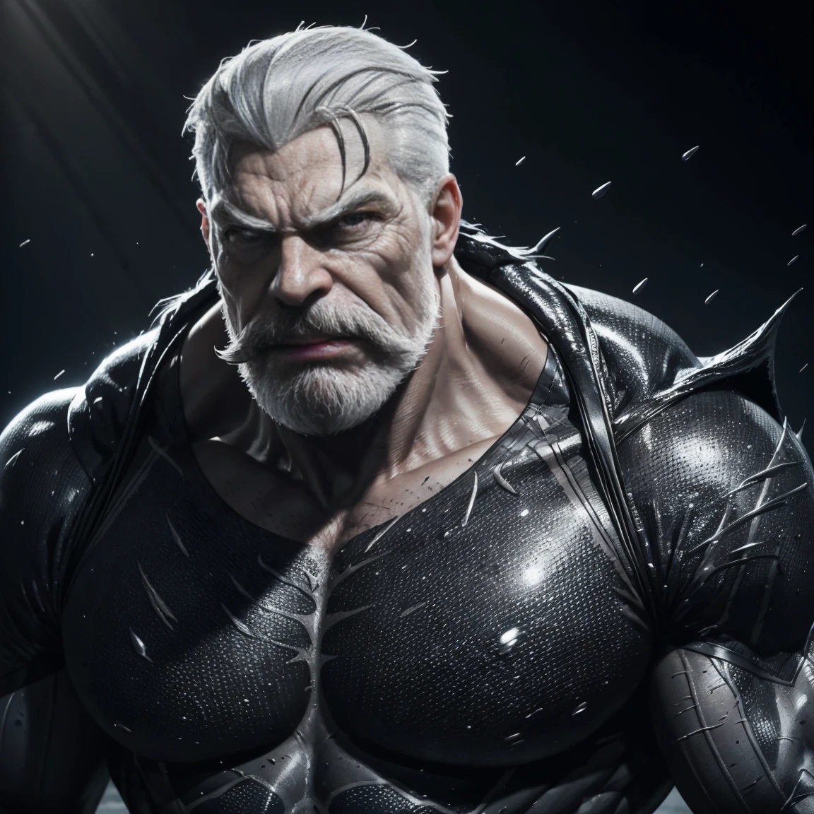 a muscular man, Quiff hairstyle, gray hair, gray mustache, gray beard, venom symbiote, large white spider logo on symbiote, handsome face, detailed eyes, nose and lips, mouth wide open, detailed teeth, detailed vampiric fangs, 8k, high quality, photorealistic, dramatic lighting, cinematic
