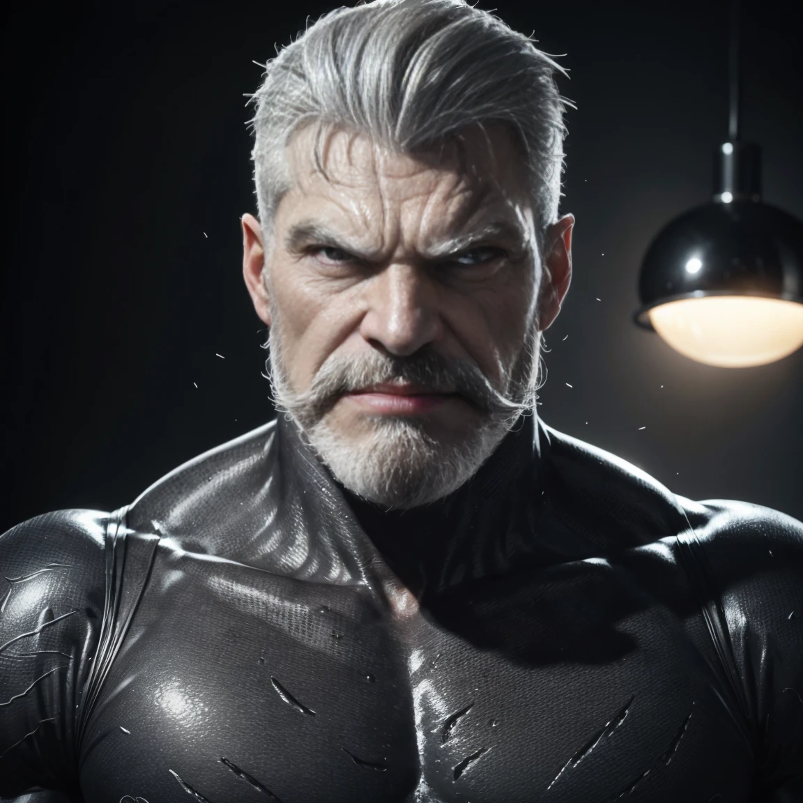 a muscular man, Quiff hairstyle, gray hair, gray mustache, gray beard, venom symbiote, large white spider logo on symbiote, handsome face, detailed eyes, nose and lips, mouth wide open, detailed teeth, detailed vampiric fangs, 8k, high quality, photorealistic, dramatic lighting, cinematic
