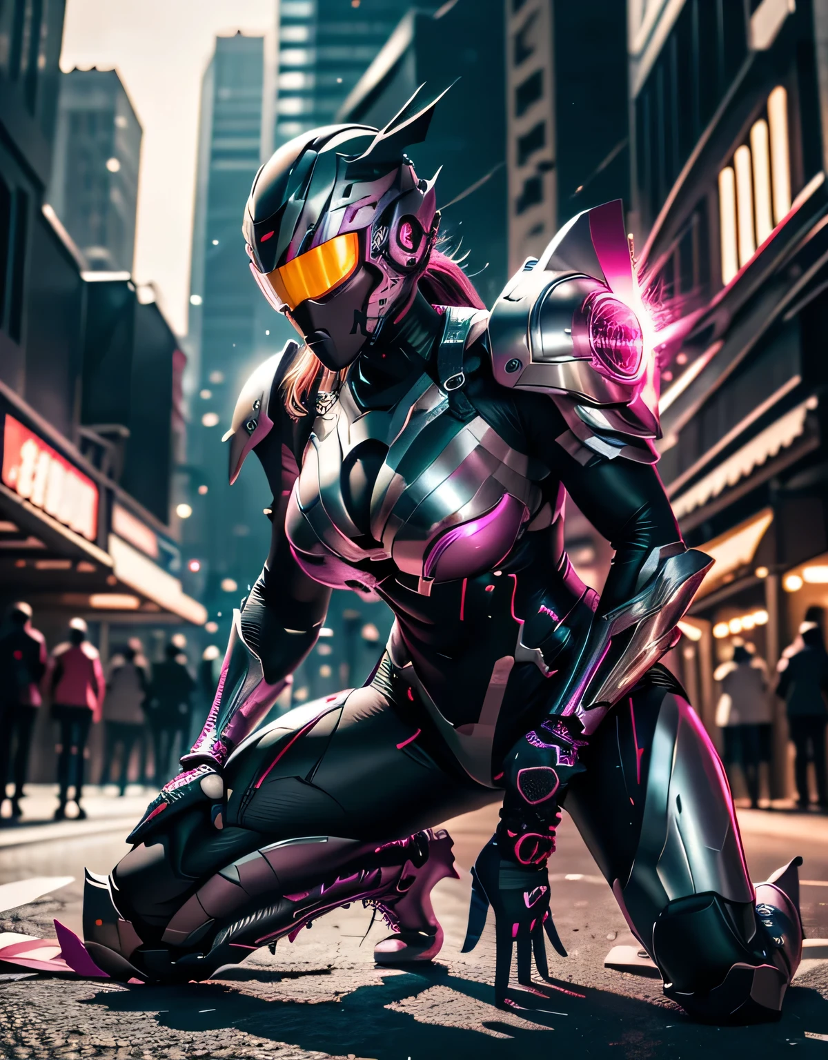 Futuristic warrior in pink armor、Big Breasts, Kneeling in a powerful position、, Holding a shiny futuristic axe、, Helmet with visor, The gloves and boots matched the suit.、, Urban night setting, Background explosion, The intense bright light from the explosion casts dynamic shadows, Dramatic and action-packed atmosphere、, Low shooting angle, Close-up view, detailed and vibrant colors, Focus sharply on the subject, A slightly blurred background to give depth、