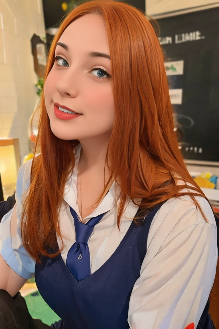 a young redhead, Schoolgirl, Scrumptious, delicious, voluptuous body, ((private school uniform)), behaved, passionate, shy.