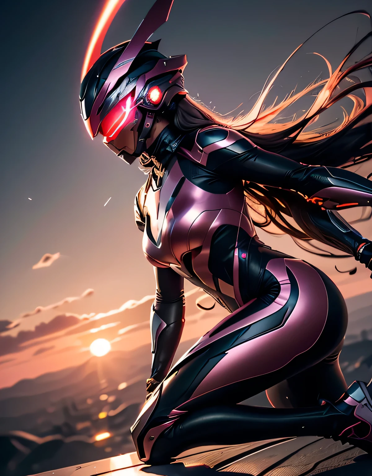 Futuristic helmet with visor, Long hair flowing back, Tight red bodysuit with hi-tech design, Fingerless gloves, Holds a glowing energy wand, Dynamic and powerful pose, Stand strong, Future outlook, Reflective smooth armor, Sunset sky in shades of orange and pink, breeze, Outdoor Scenery, A bold and confident atmosphere, Side view, Warm light from the setting sun, a shadow falls, Dramatic and action packed, Shot at a close-up angle, Attention to detail, Balanced Exposure, No Motion Blur