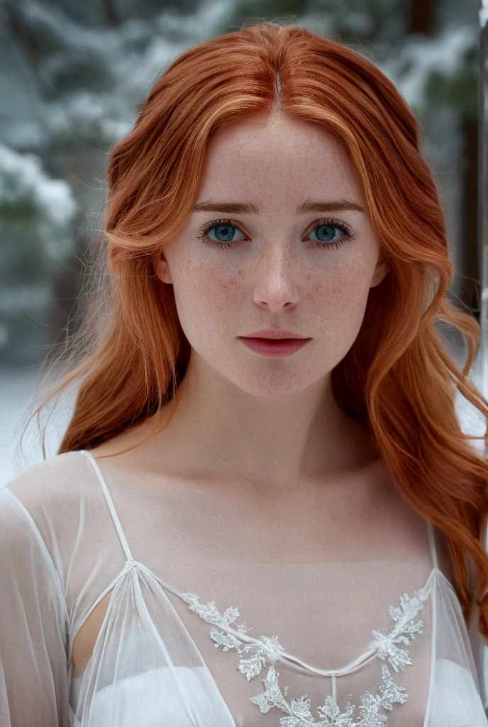 "A girl with copper-colored hair, gray eyes, fair skin, wearing a long white see through nightgown. There is snow behind her, and the bottom edges of her dress have red stains. She looks calm and beautiful. 