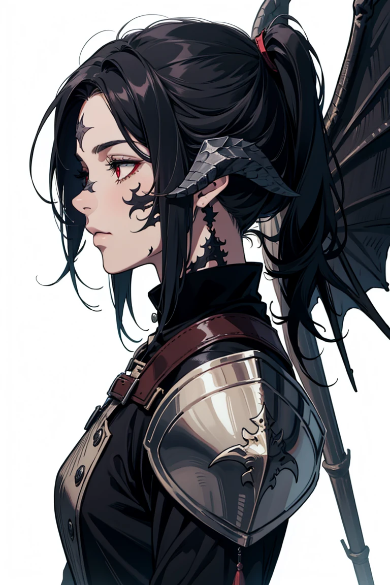 man, tall, dragon man, black horns, black scales, slick back hair, black hair, dragon tail, black, wings, armor, red eyes au ra, sclaes, black
