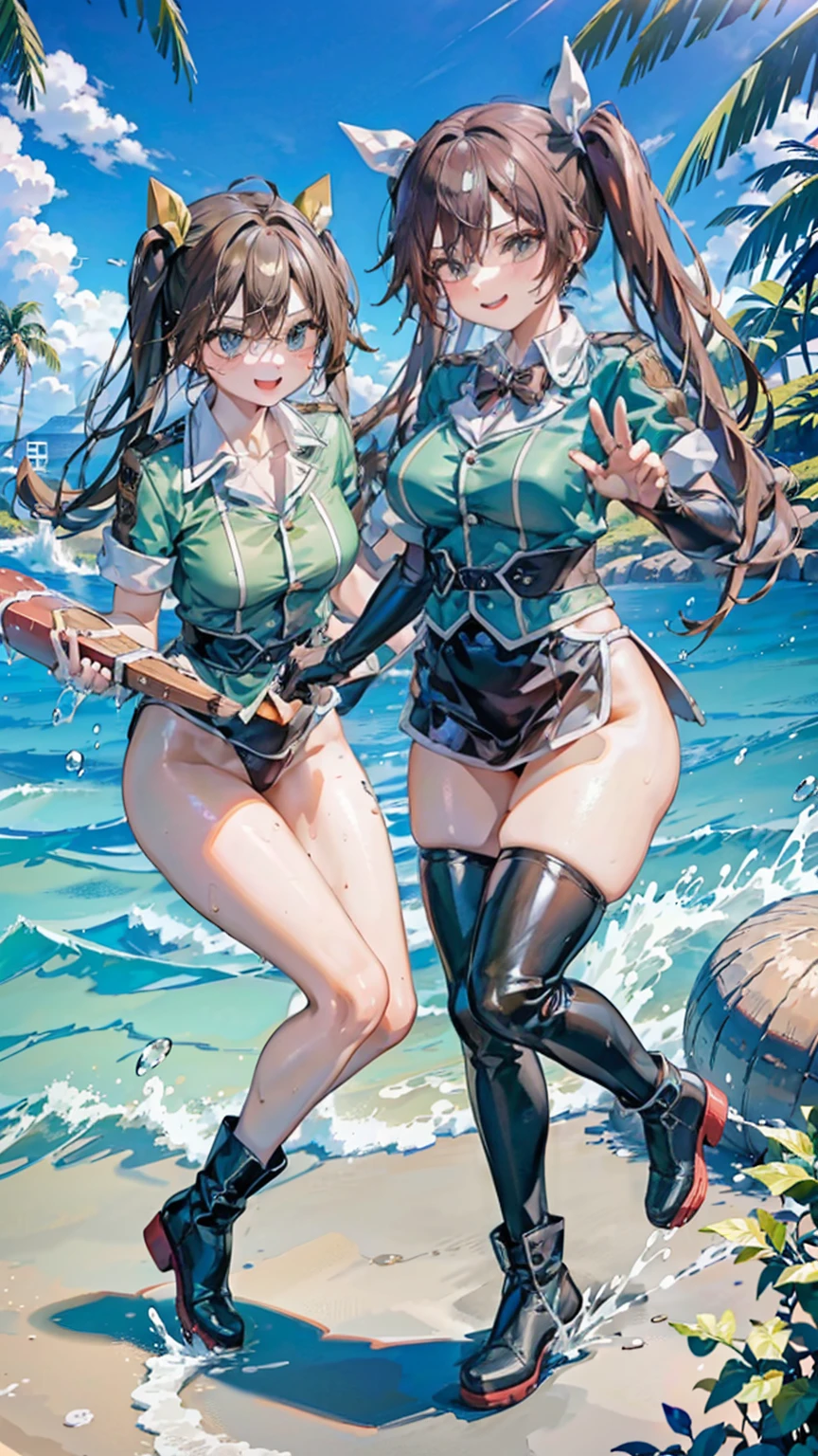 DRAGON BALL,kamehame_wave,kamehameha_kamehame_ha,megurine_luka,tone,chikuma,/(kantai_collection/),(((Having fun splashing around in the water at the beach))),in uniform,straight_long_hair,