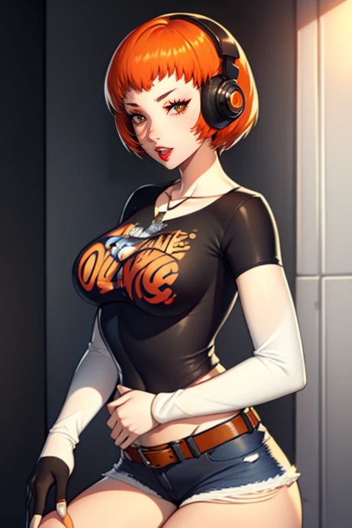 leonie pinelli, orange hair ,short hair ,1girl, solo, black t-shirt, white shirt, blue jeans, belt, lipstick, large breasts, headphones