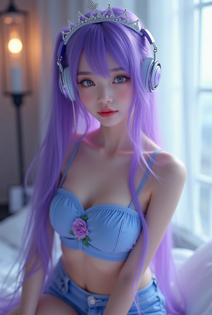 Korean purple hair butterfly woman with headphone scientist outfit with syringe full body perfect body and perfect face of pigtails long hair realistic photo in laboratory