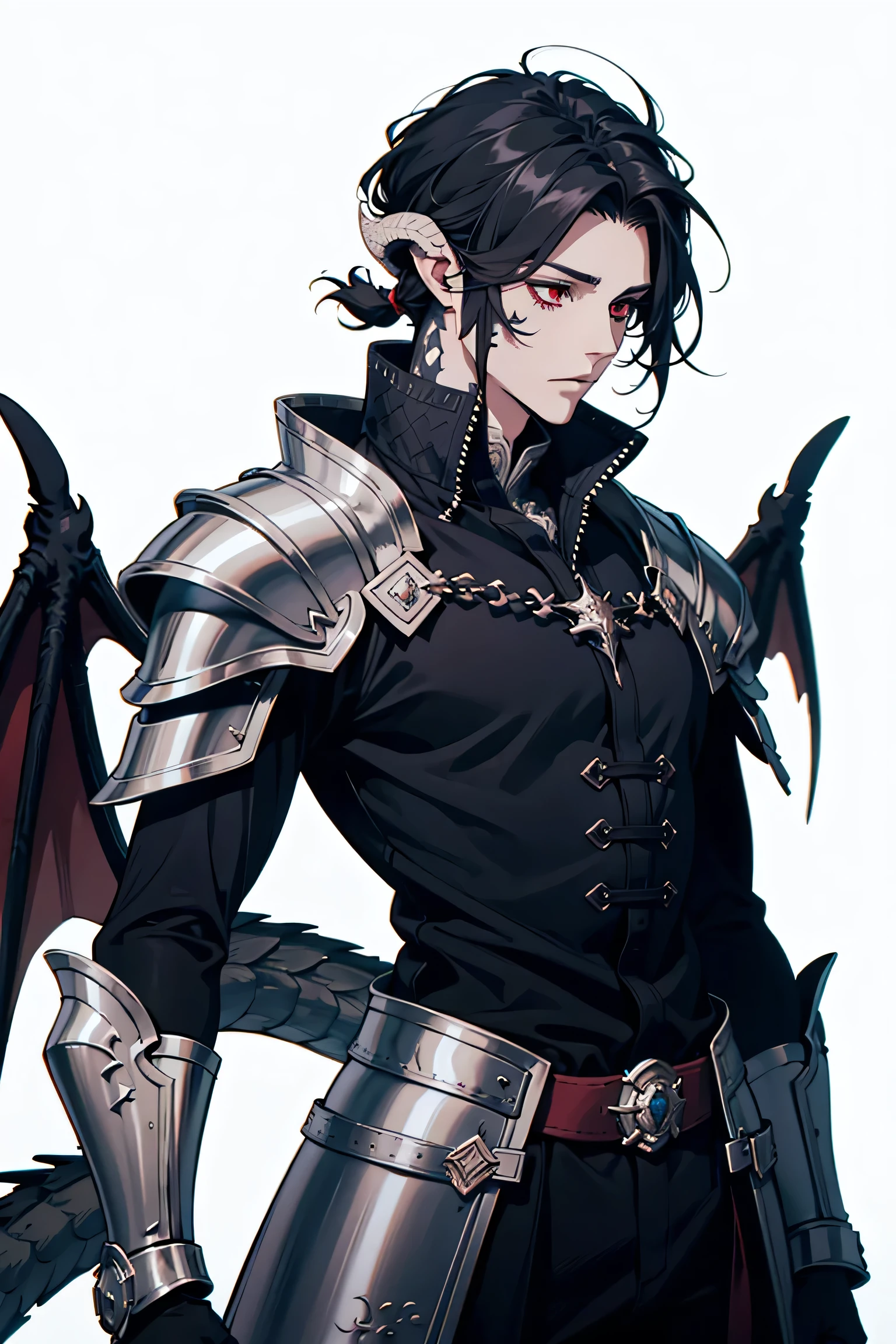 man, tall, dragon man, black horns, black scales, slick back hair, black hair, dragon tail, black, wings, armor, red eyes au ra, sclaes, black
