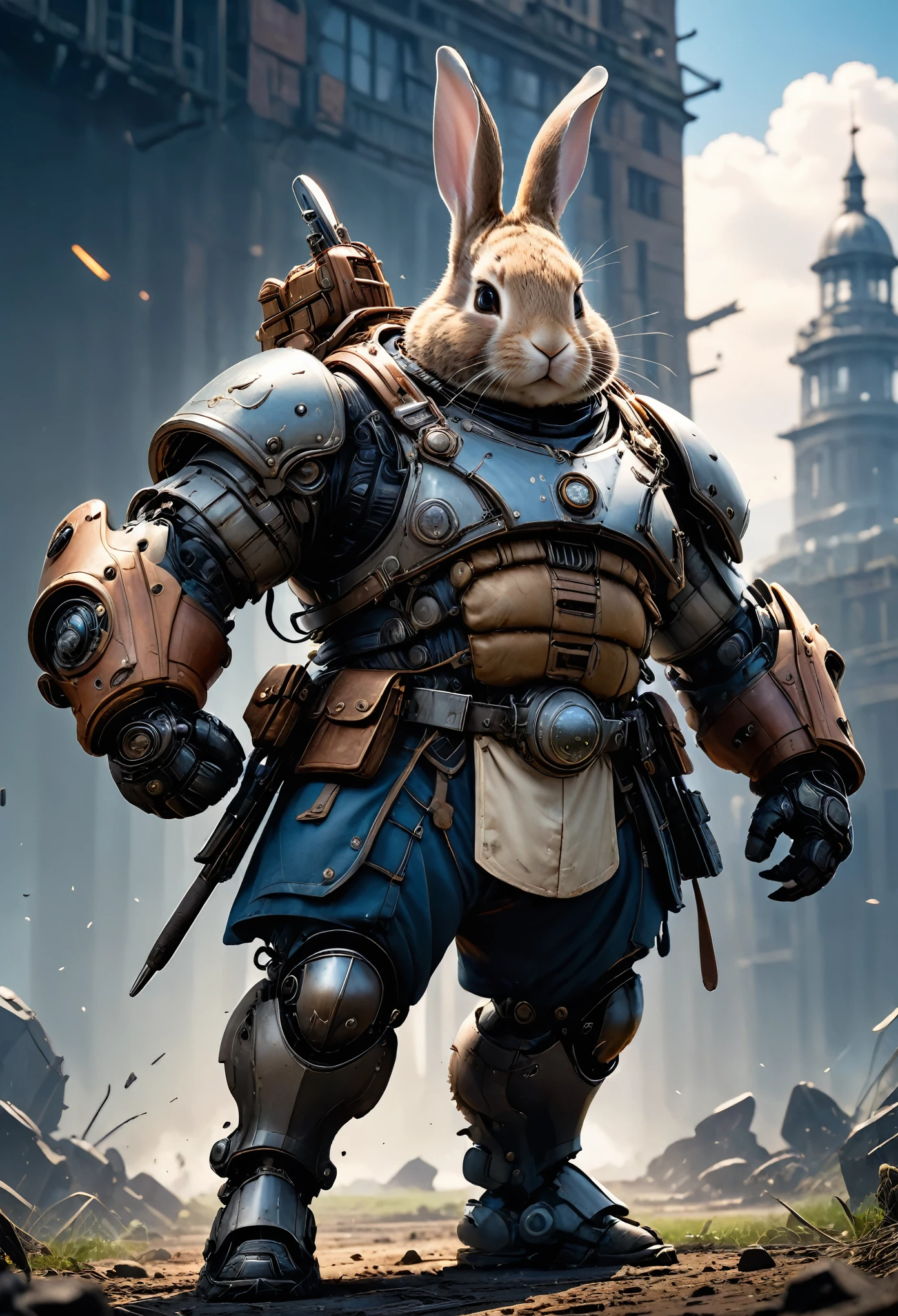 photorealistic portrait of Dressed animals - a ((fat)) (Peter rabbit) warrior,(brave pose), high quality,(lovely) ,intricate detailed giant mechanical arms, highly detailed ((mechanical armor) ,,highly detailed equipment, , (brave), cinematic lighting,(full body image from head to toe:1.5)), battle field background,score_9, score_8_up, score_7_up, score_6_up, score_5_up, score_4_up,
