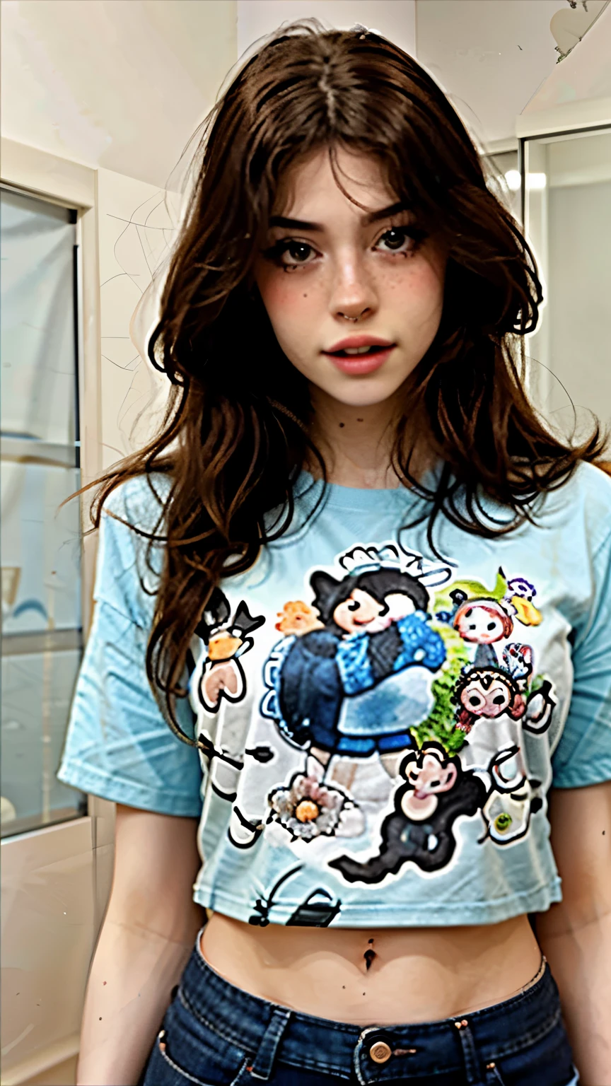 One girl, Hannahowo, whole body, Simple Background, T-Shirts, pants, Looking into the camera,