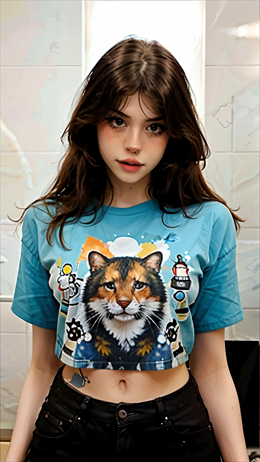 One girl, Hannahowo, whole body, Simple Background, T-Shirts, pants, Looking into the camera,