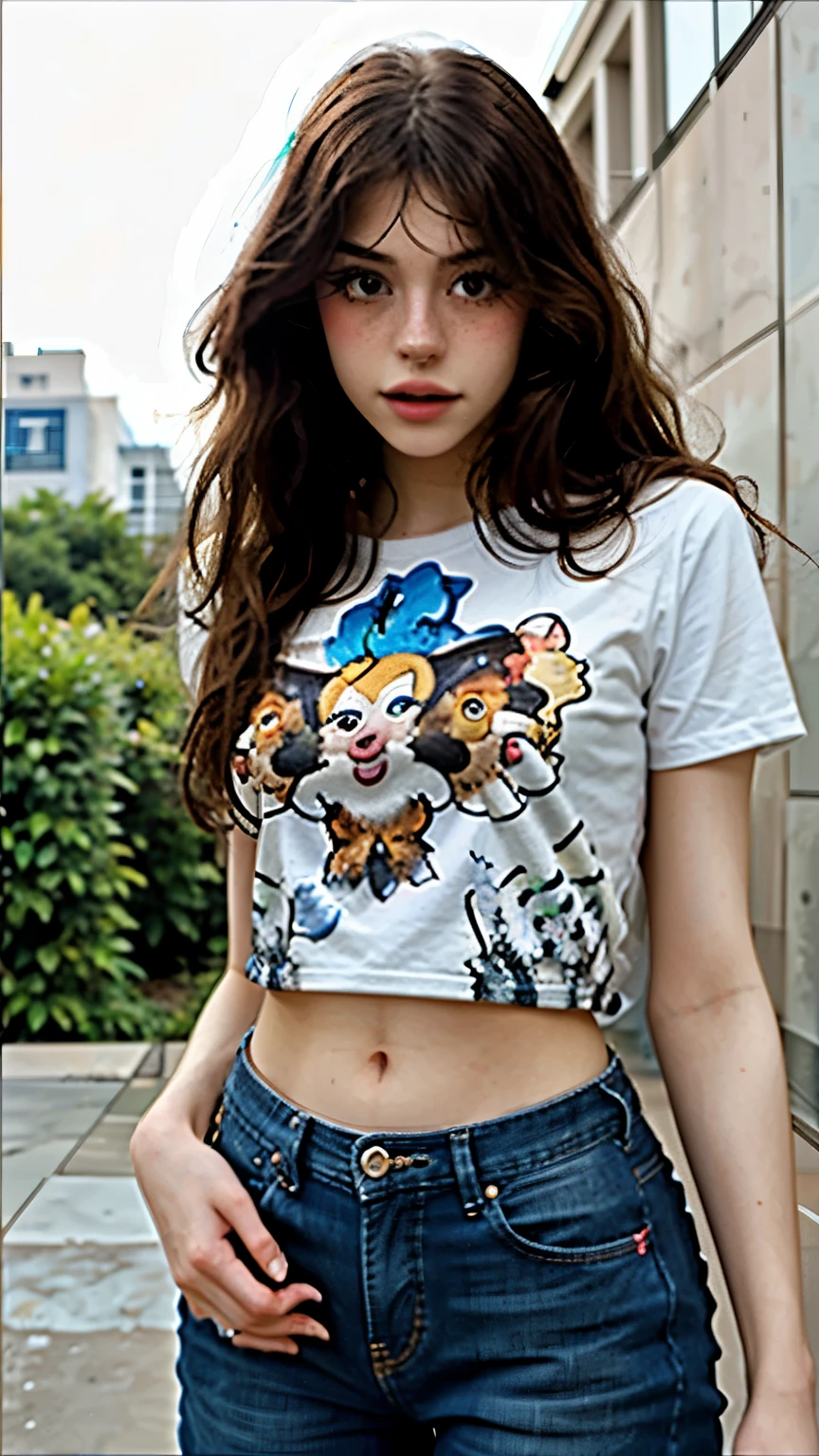 One girl, Hannahowo, whole body, Simple Background, T-Shirts, pants, Looking into the camera,