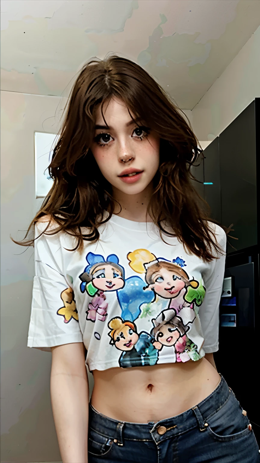 One girl, Hannahowo, whole body, Simple Background, T-Shirts, pants, Looking into the camera,