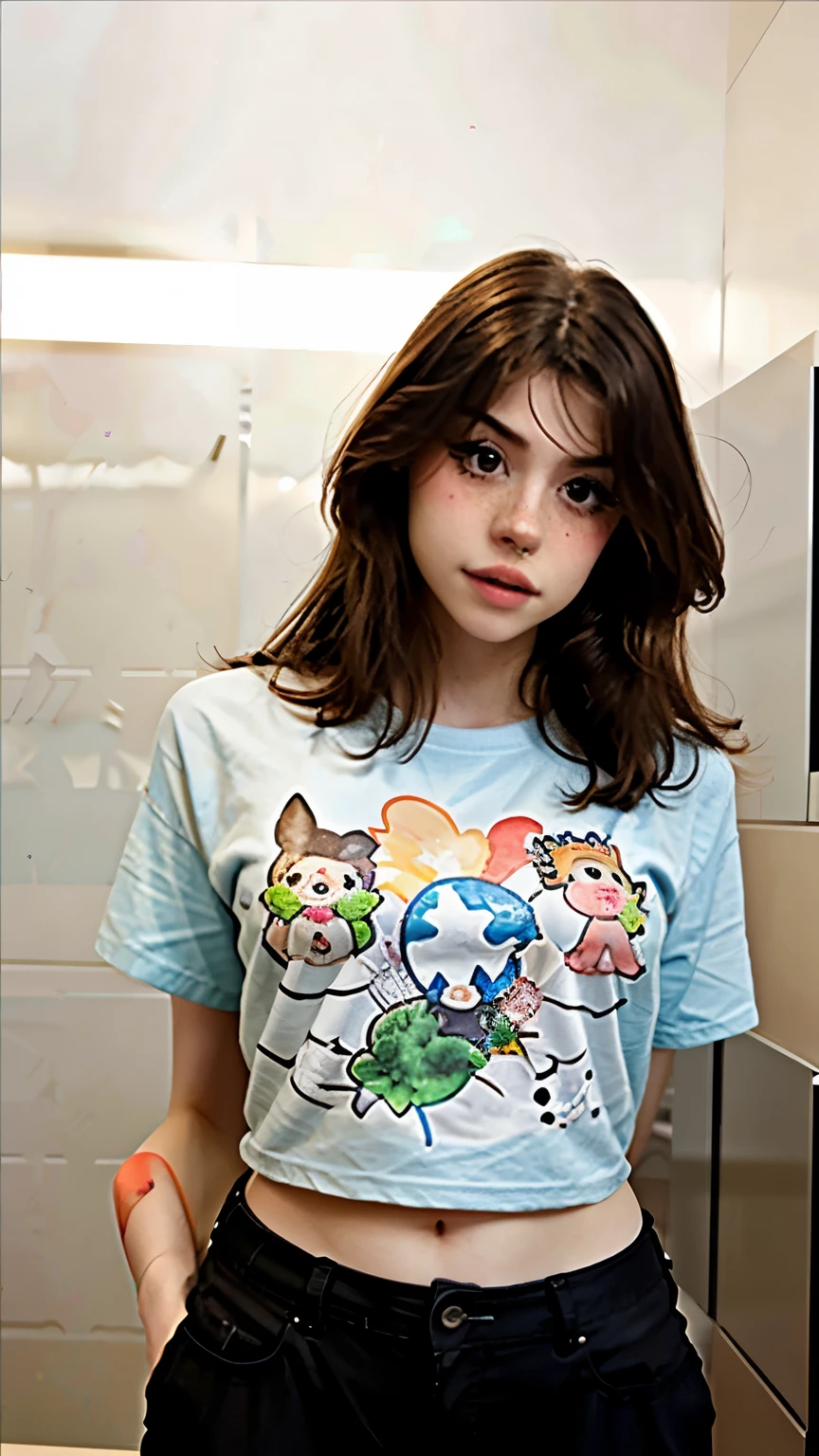 One girl, Hannahowo, whole body, Simple Background, T-Shirts, pants, Looking into the camera,