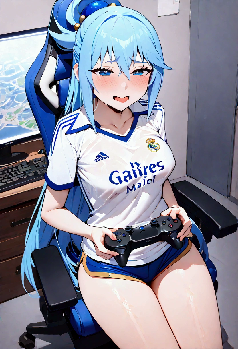 (best quality, Artwork),sexually,  erotic, 18+, NSFW, 1 girl, 1 , dressed in the Real Madrid shirt, Aqua de Konosuba, 4k image quality , standing, straight posture, holding ps5 controller, short shorts ,  Sitting in the gaming chair 