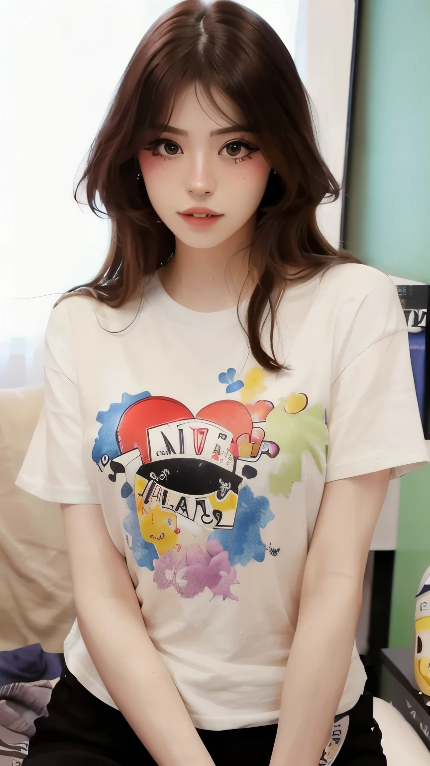 One girl, Hannahowo, whole body, Simple Background, T-Shirts, pants, Looking into the camera,