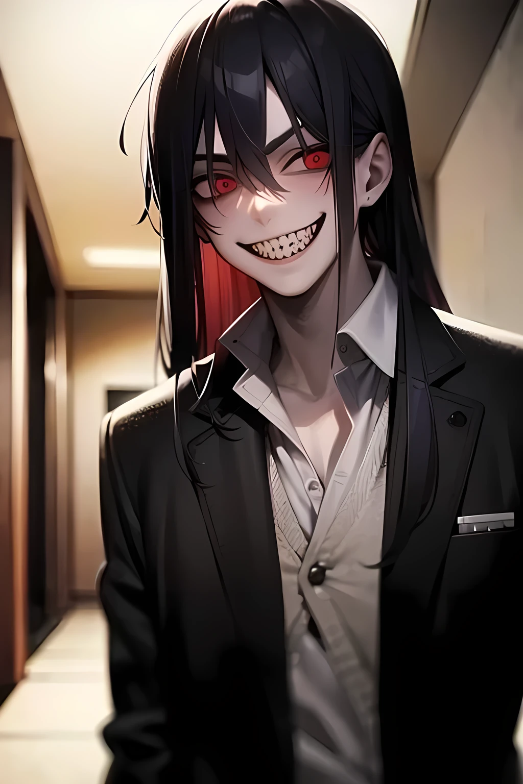 masterpiece, inside school hallways, male student grinning psychotically, scary face, psycho, looking directly at viewer with a wide grin, scary guy, terrifying, very manly, male, man