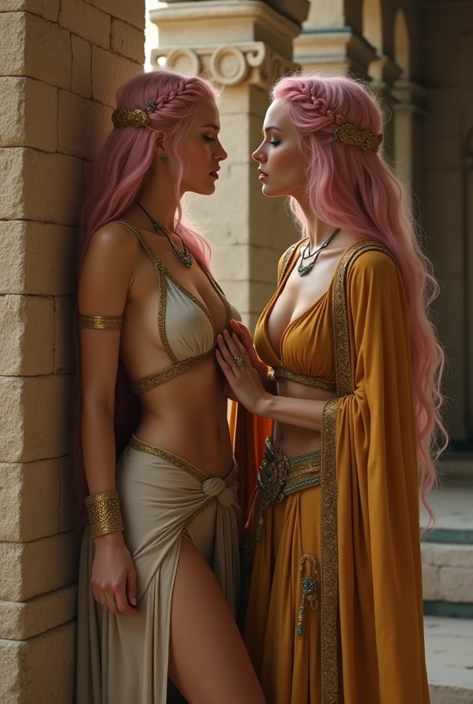crie a imagem de duas mulheres gêmeas, appearing to be between 18 and 22 years old. They have pink hair down to their chins and blue eyes.. Both have faces, perfect skin and bodies, with unparalleled beauty. They are immortal queens with various powers, located in 1000 to.c. They wear revealing clothes, adorned with lots of gold, including bracelets and other gold accessories."Additional details for insertion:Apparent age: 18-22 anoscabelos: pinks, up to the chinEyes: BlueFace and Skin: perfectscorpo: perfect, unparalleled beautyPosition: Immortal queensEpoca: 1000 a.c.clothes: Revealing clothesAccessories: Gold bracelets and adornments