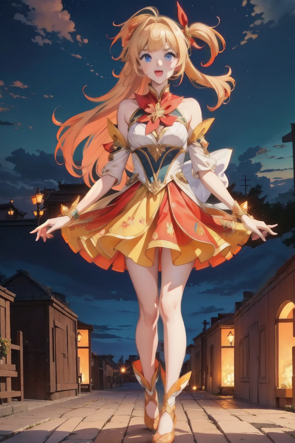 ((Full body photo, standing, feet on the ground))(Masterpiece:1.4), (best quality:1.2), star guardian seraphine, blonde hair, orange hair, multicolored hair, multicolored clothes, dress, hair bow, detached sleeves, smile, upper body, cowboy shot