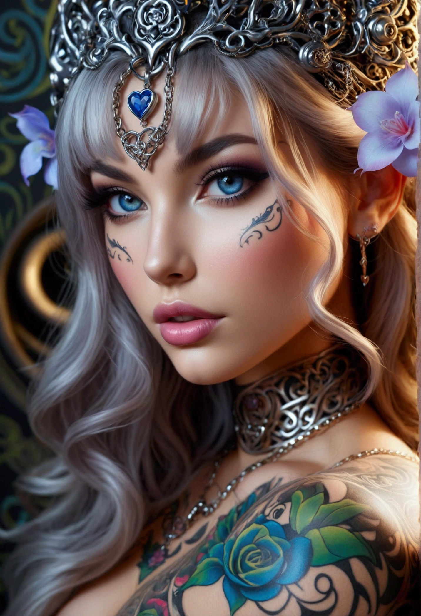Blue Eyes, beautidful eyes, extremely detailed eyes and face, Beautiful detailed eyes, Ultra-detailed, light on the face, blonde hairs, Blonde hair, Fair skin, Masterpiece, Top Quality, Best Quality, Official Art, Beautiful and aesthetic:1.2), (1Girl:1.3), Extremely detailed,(fractal art:1.1)neons,(colourfull:1.1)neons(Flowers:1.3)neons,highest details,(zentangle:1.2)neons, (Dynamic Pose), (abstract background:1.3) neons, (sparkly skin), (many colors:1.4)neons, (note:1.5), Neon lights