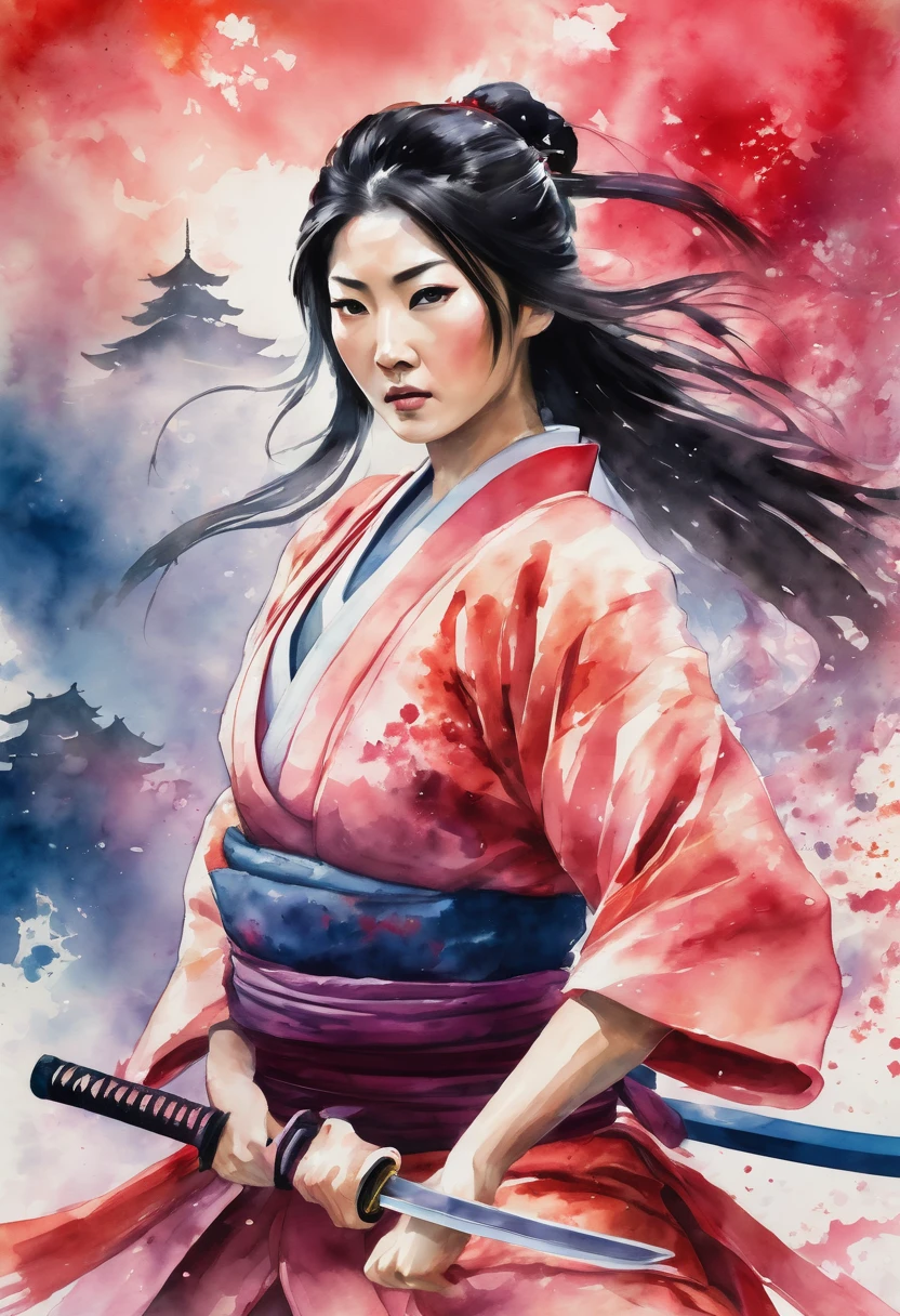 A close-up of a beautiful Japanese woman as a princess, fighting as a ninja. The watercolor style emphasizes strong color bleeding, intense gradients, strong blurring, and soft edges. The image has a hand-painted feel with flowing colors and layered textures, capturing both her elegance and strength in the heat of battle.
