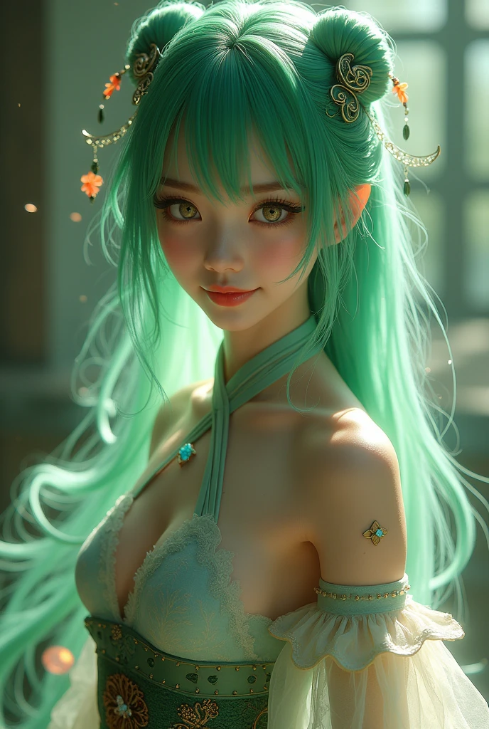 best quality, masterpiece, High target, There is a girl with a basket of flowers on her head, Big breast beauty,Very sexy,beautiful clothes, Hair Decorationss, necklace, Decorations, Pretty Face, When the body, Tyndall effect, Realistic Portraits, Edge lighting, Two-color light, (Very delicate skin:1.2), 8K uhd, Digital SLR Camera, Soft Light, high quality, Volumetric Lighting, Honest, photo, high resolution, 4K, 8K, Bokeh, Green hair,Pink Eyes.