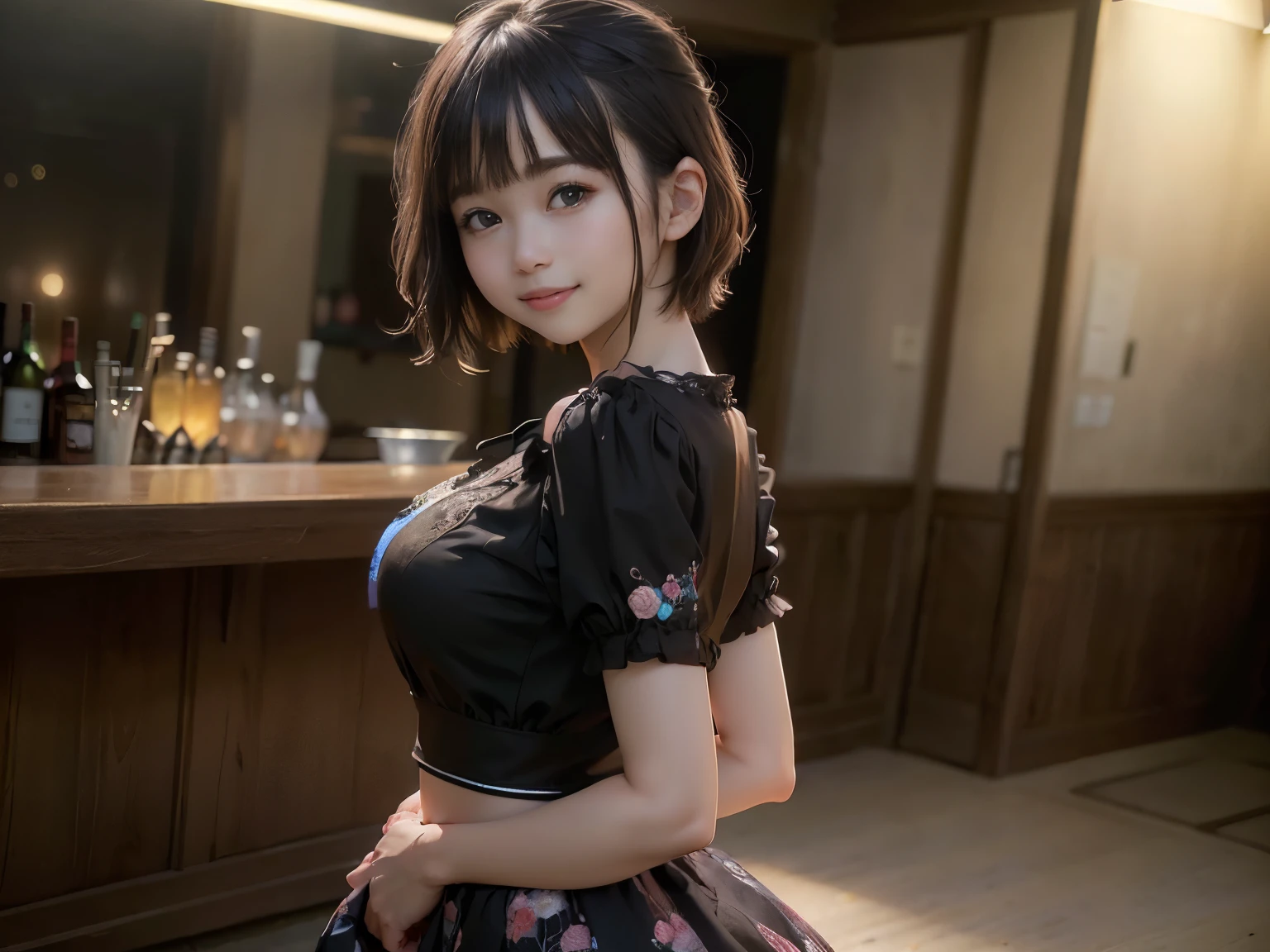 (Highest quality, masterpiece, Ultra-high resolution, 8k, RAW Photos, Realistic, Anatomically correct:1.5), 20-year-old girl:1.2, Embarrassing, avert your eyes, blush:1.0, View Viewer, ((bar)) 、Large windows、Night view、 Light:1.2, Bokeh, Cinema Lighting:1.0, Depth of written boundary, sharp、 Cute Face、Idol、(Black short sleeve lace top)、(Black tulle skirt)、(Purple clothes)、”dwarf”、(Full Body Shot)、(Side angle)、Cowboy Shot、( smile)、((Ultra short hair、Berry Short))、(Straight bangs)、((See-through))、(( One woman))、look back、I can see your belly button、